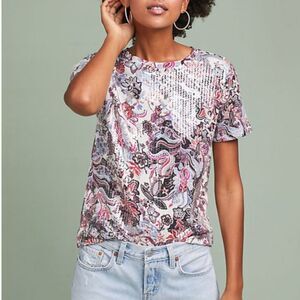 Postmark anthropologie sequin paisley floral colorful retro top size M shirt